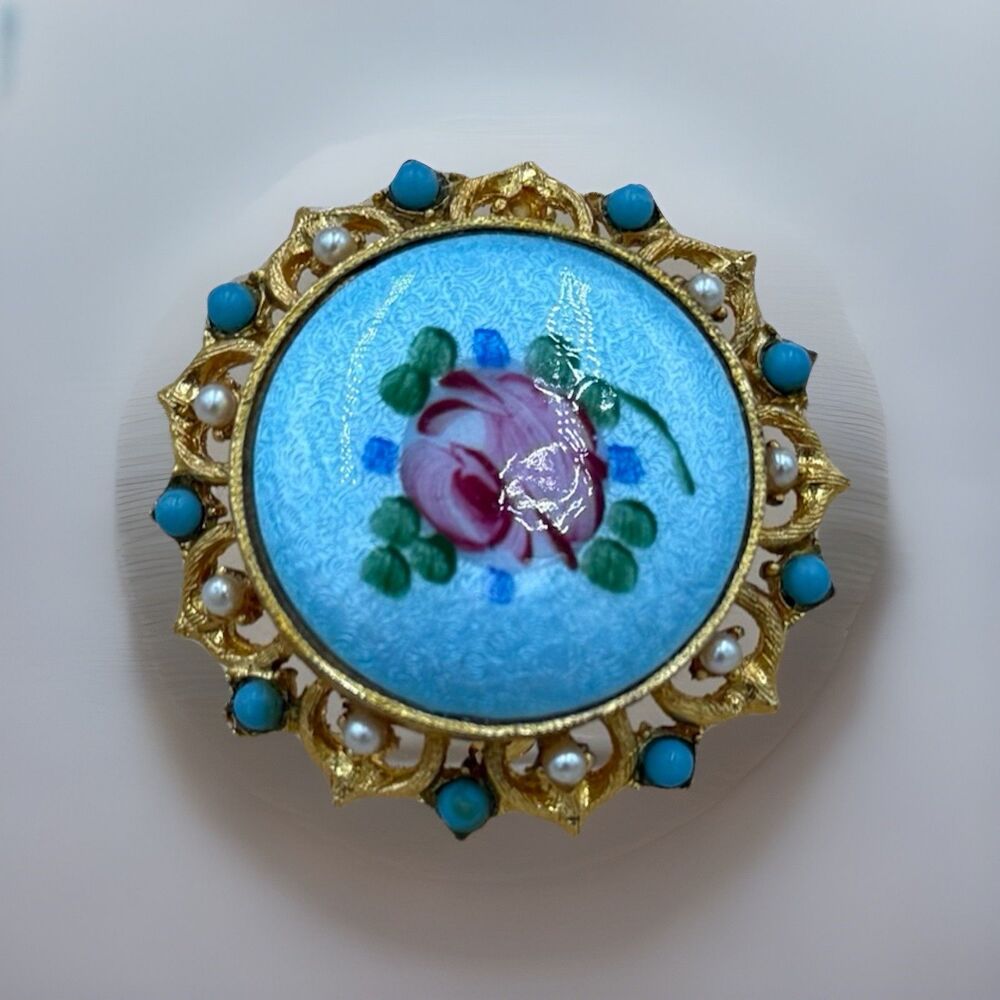 Vintage Guilloché Enamel Rose Brooch, Mid Century Turquoise Gold Filigree Pin